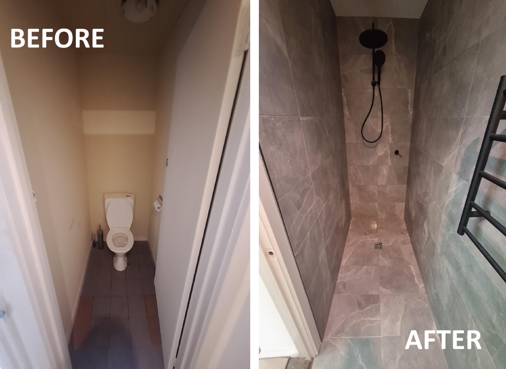 Before and after — deck transformed into glass bathroom