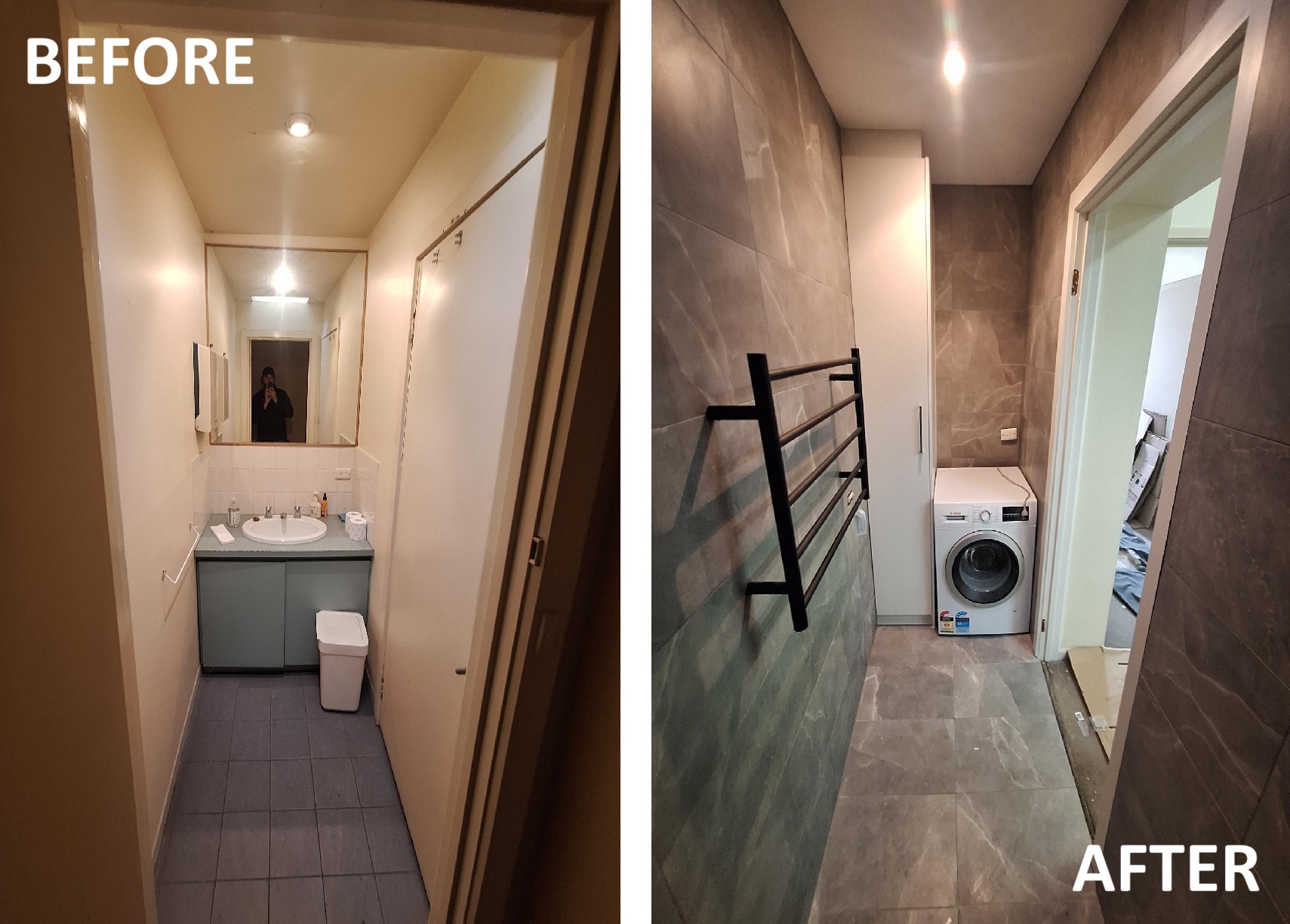 Before and after — old bathroom converted to modern laundry